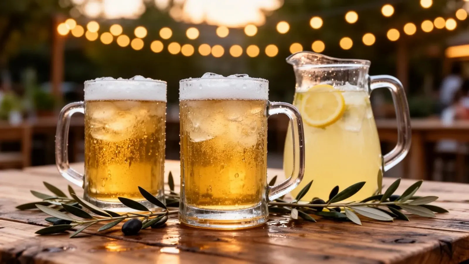 Zwei Bierkrüge und eine Karaffe Zitronenlimonade auf einem Holztisch im Abendlicht