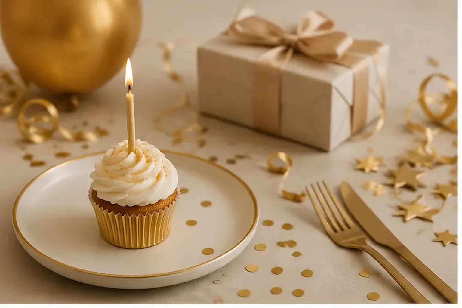 Cupcake mit Kerze, Geschenk und goldener Ballondekoration