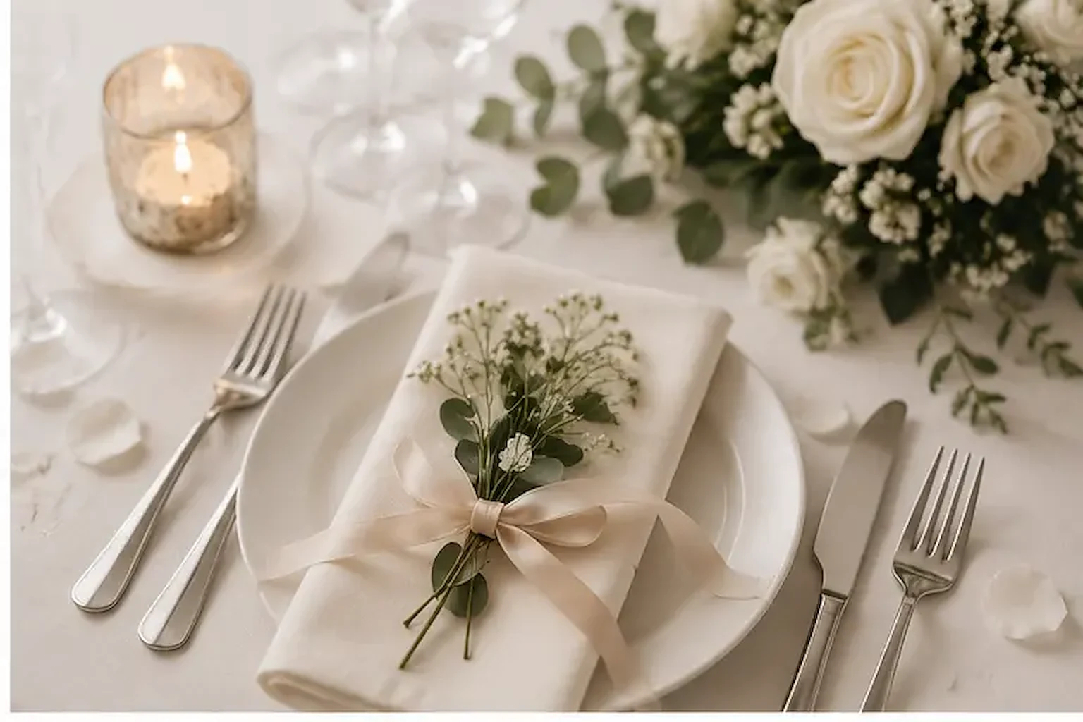 Festlich gedeckter Tisch mit weißen Blumen und Kerze